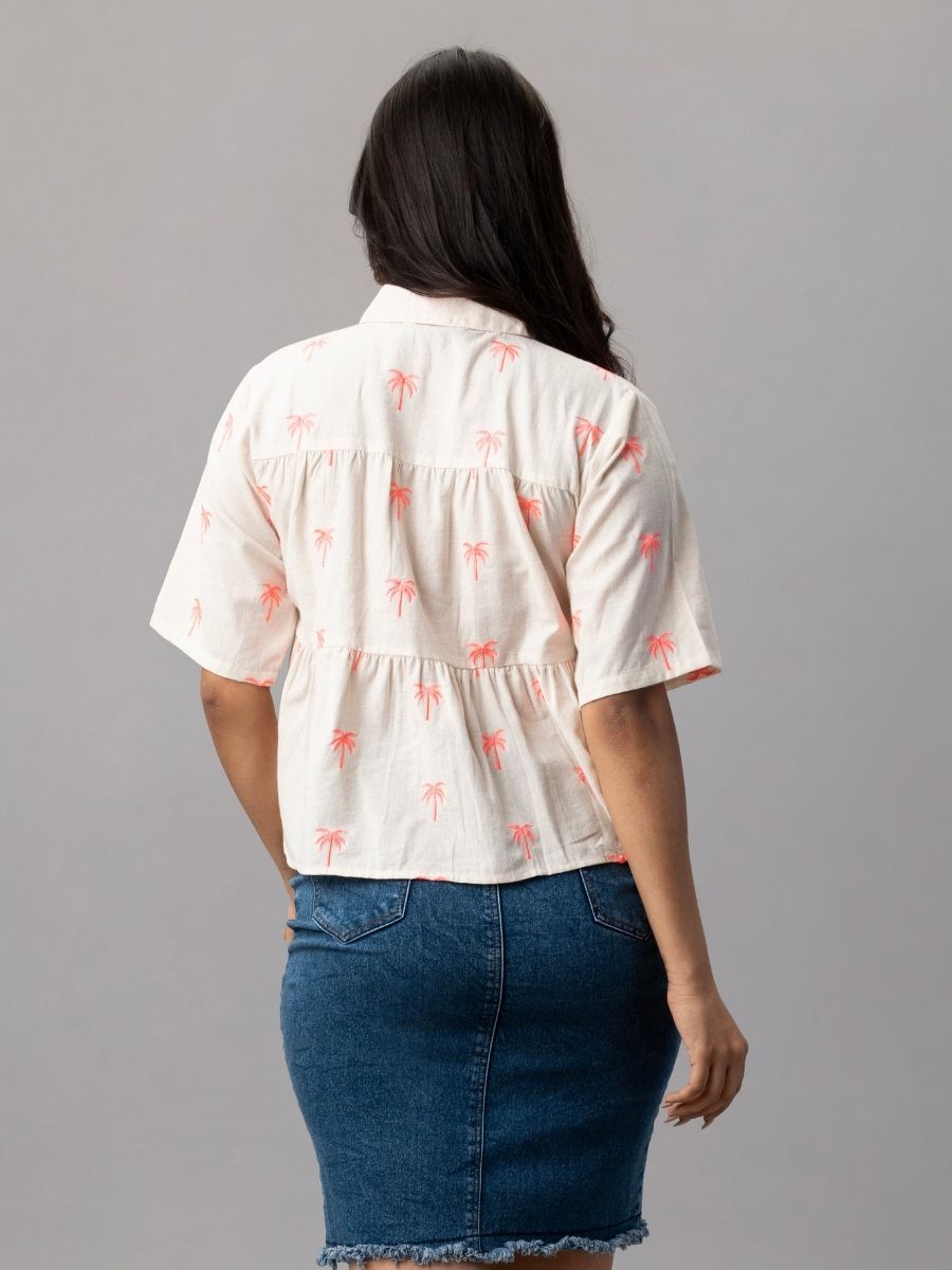 Palm Breeze Peplum Cotton Shirt - Pink