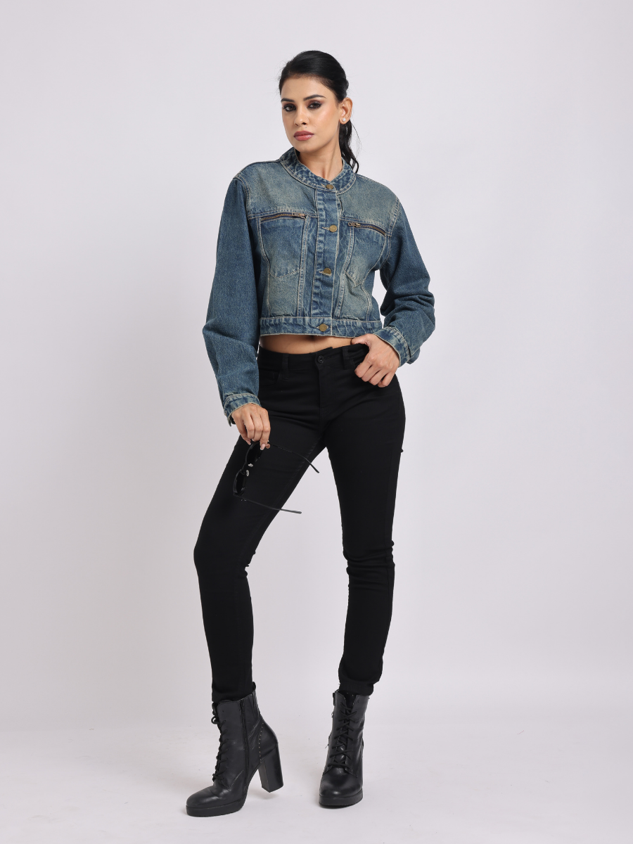 Mid Blue Cropped Denim Jacket for Women