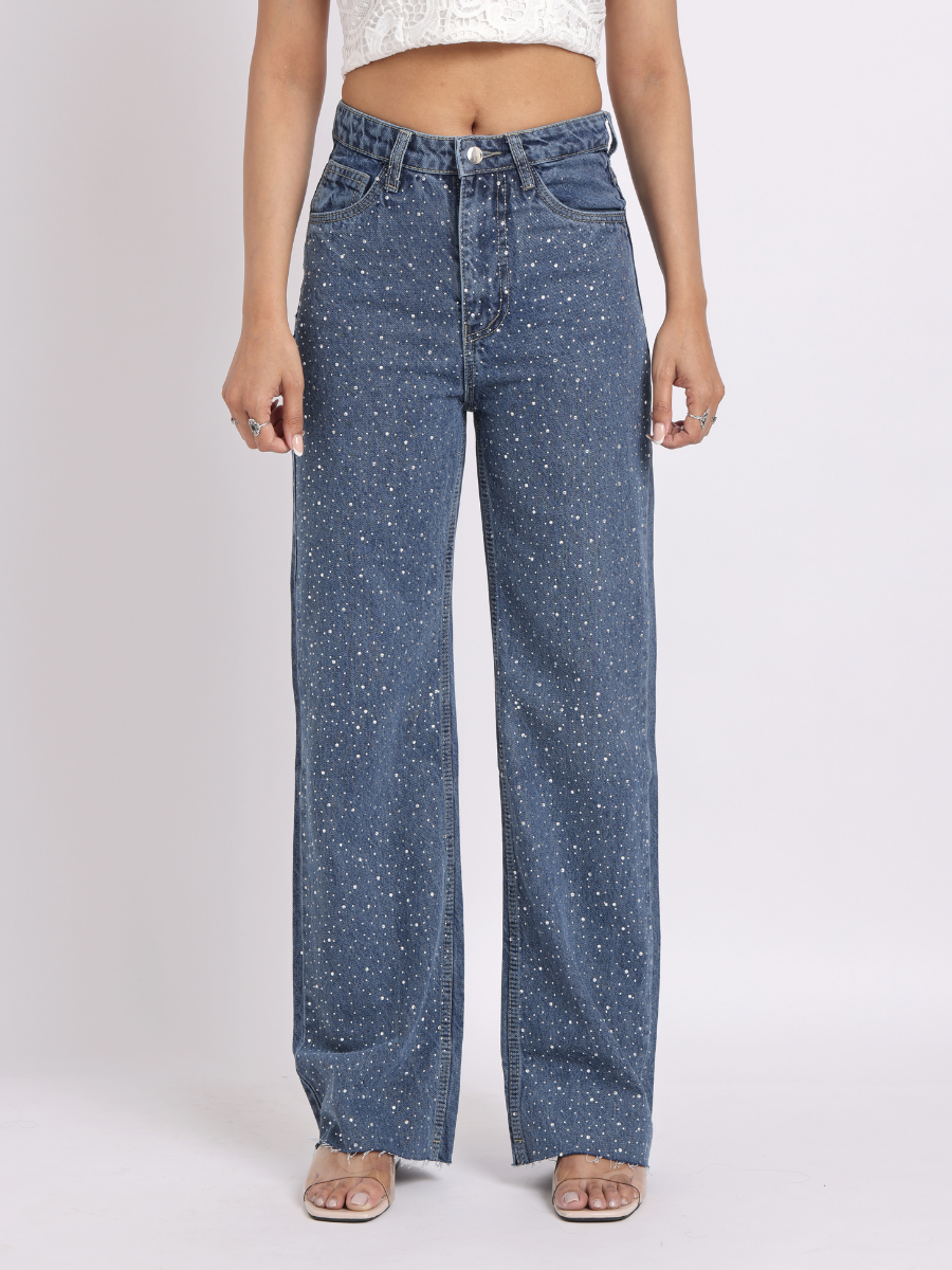 Mid-Blue Rhinestone Studded Straight-Fit Denim Jeans