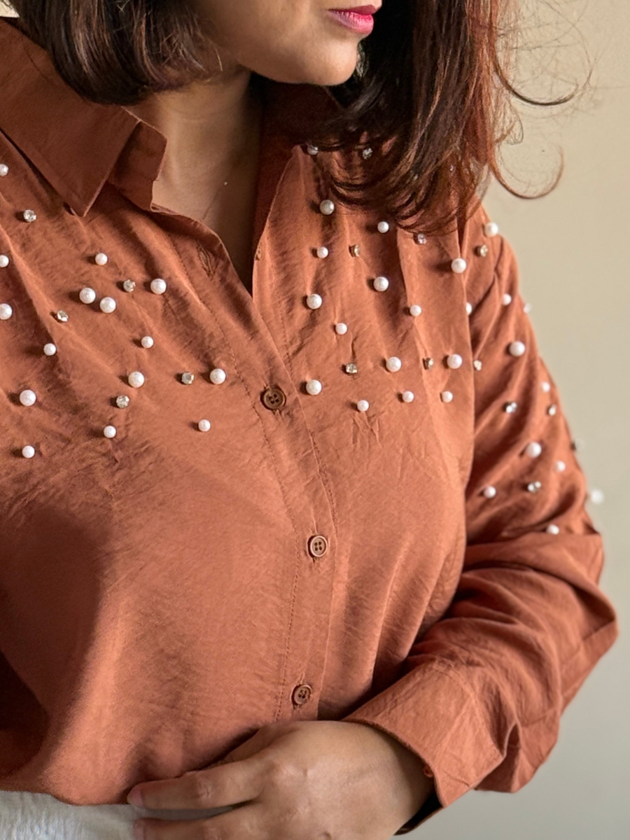 Brown Fit Pearl & Diamond-Embellished Shirt
