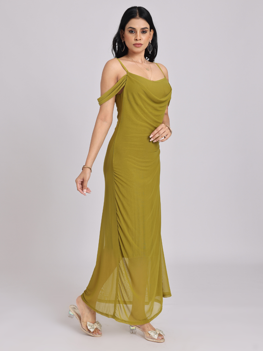 Olive Green Draped Cold-Shoulder Maxi Dress