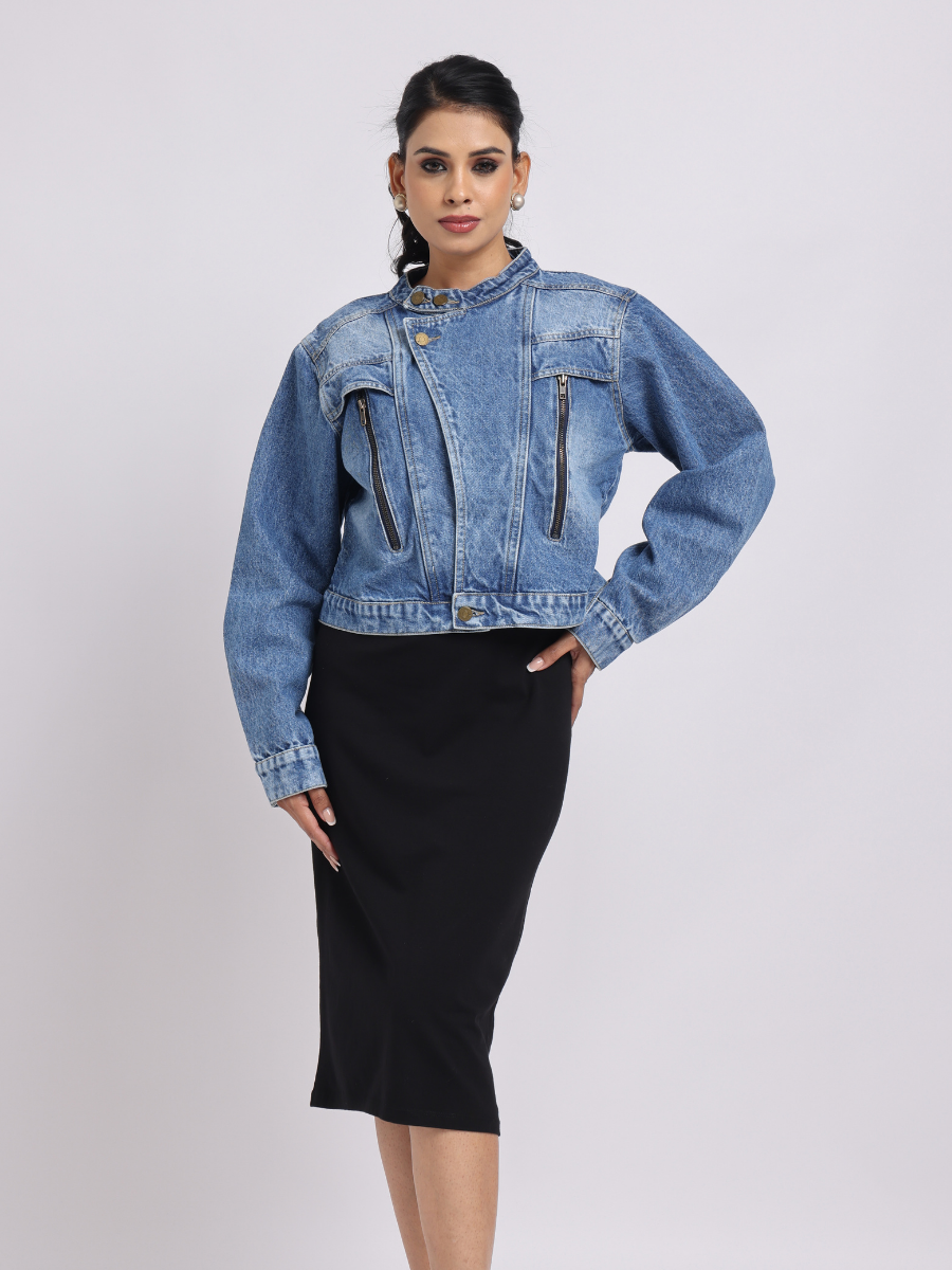 Blue Cropped Denim Jacket with Front Zip Detailing