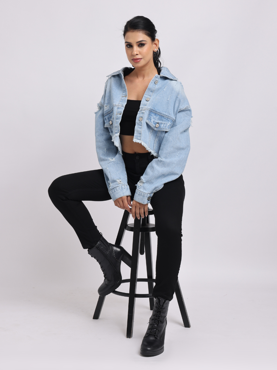 Light Blue Distressed Cropped Denim Jacket
