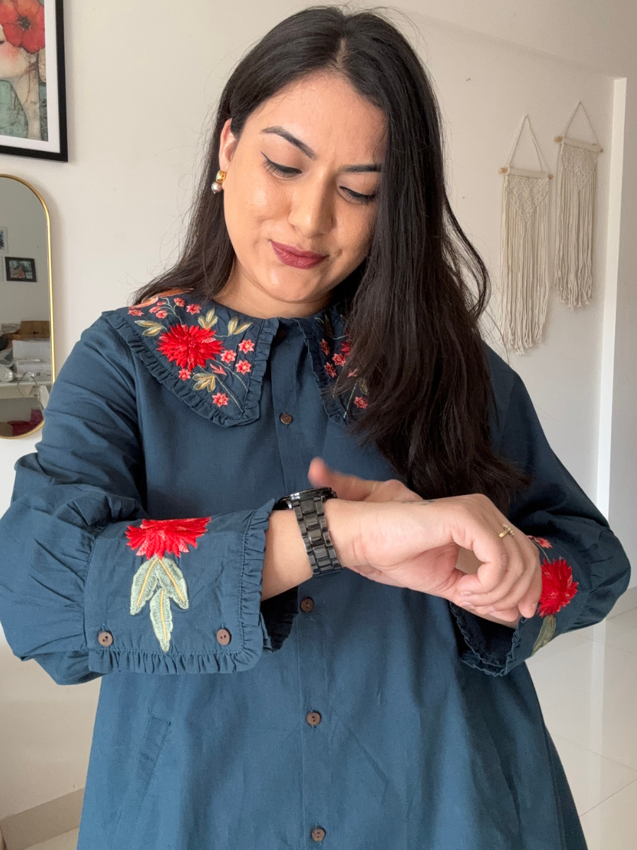 Embroidered Blue Collar Dress