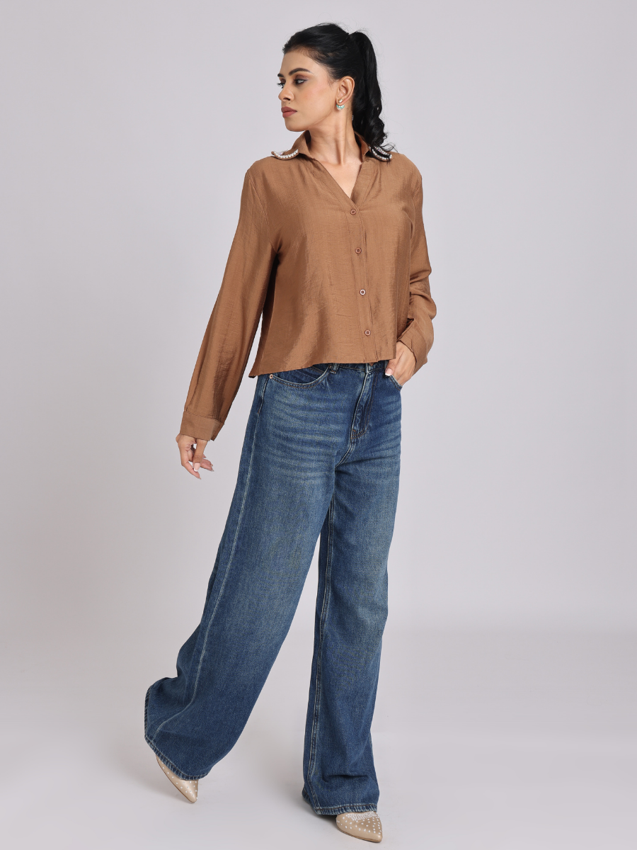 Elegant Rust Brown Pearl - Trim Shirt