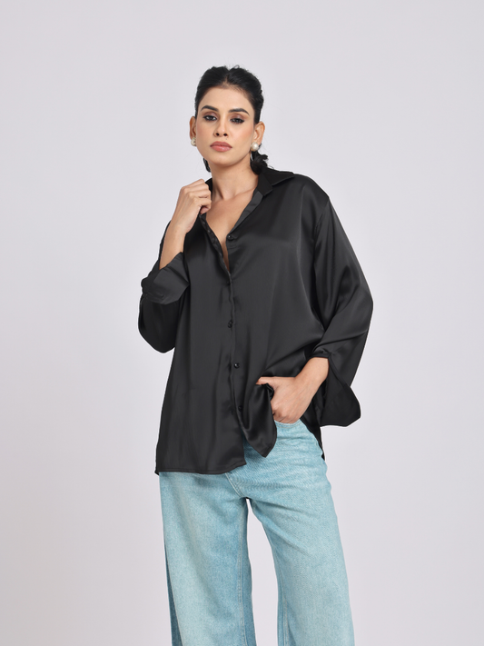 Premium Black Satin Long-Sleeve Shirt