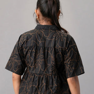 Black Cotton Peplum Shirt with Contrast Floral Embroidery