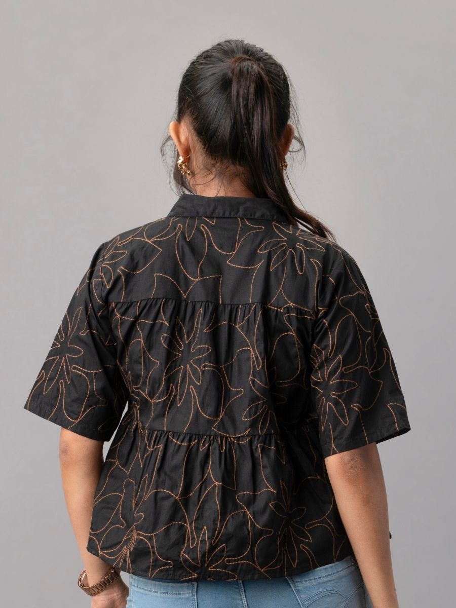 Black Cotton Peplum Shirt with Contrast Floral Embroidery