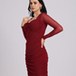 Maroon Ruched Mesh-Sleeve Bodycon Dress
