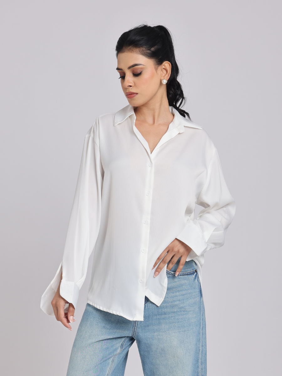 Elegant White Satin Collared Shirt