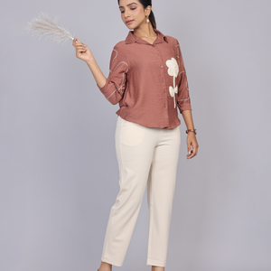 Blush Terra Brown Petal Embroidered Shirt