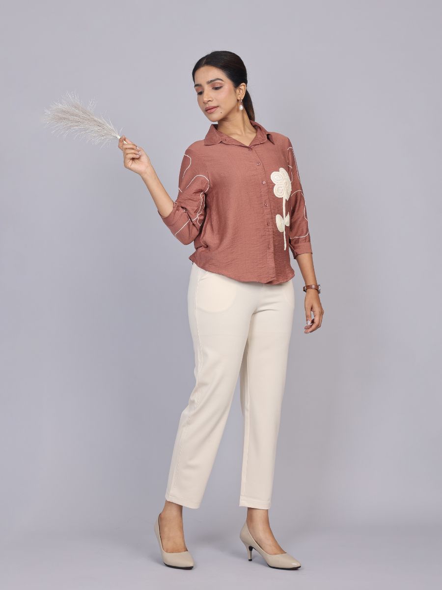 Blush Terra Brown Petal Embroidered Shirt