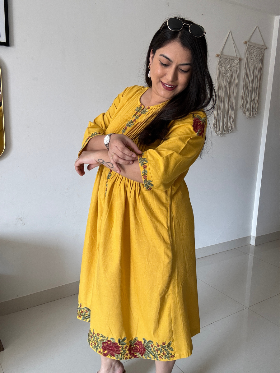 Embroidered Yellow Cotton Dress