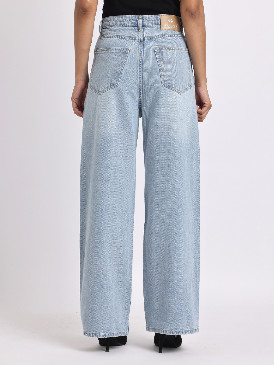 Light Blue Rhinestone-Embellished Wide-Leg Denim Jeans