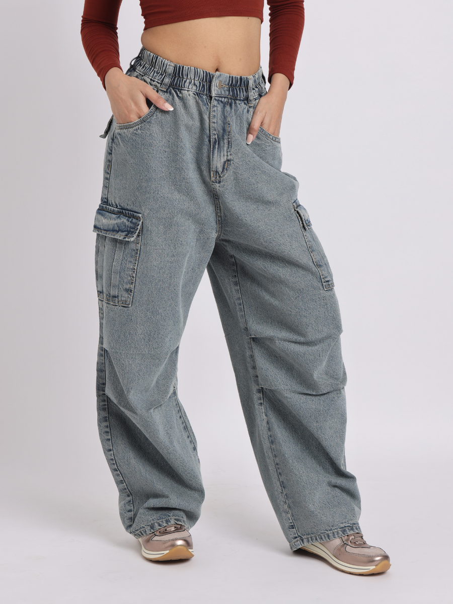 Relaxed Fit Cargo-Style Denim Jeans