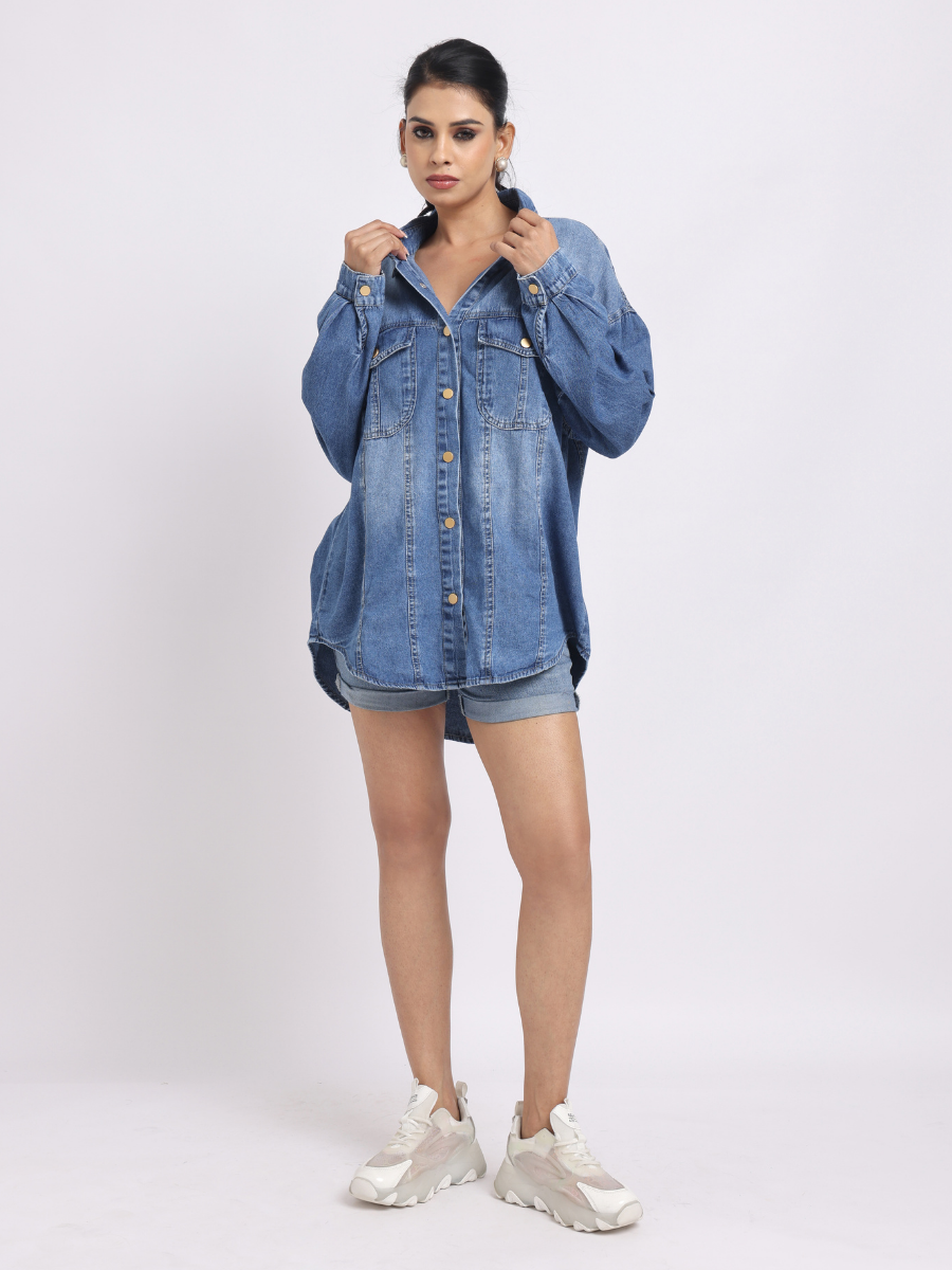 Light Blue Oversized Denim Shirt with Dropped Shoulder