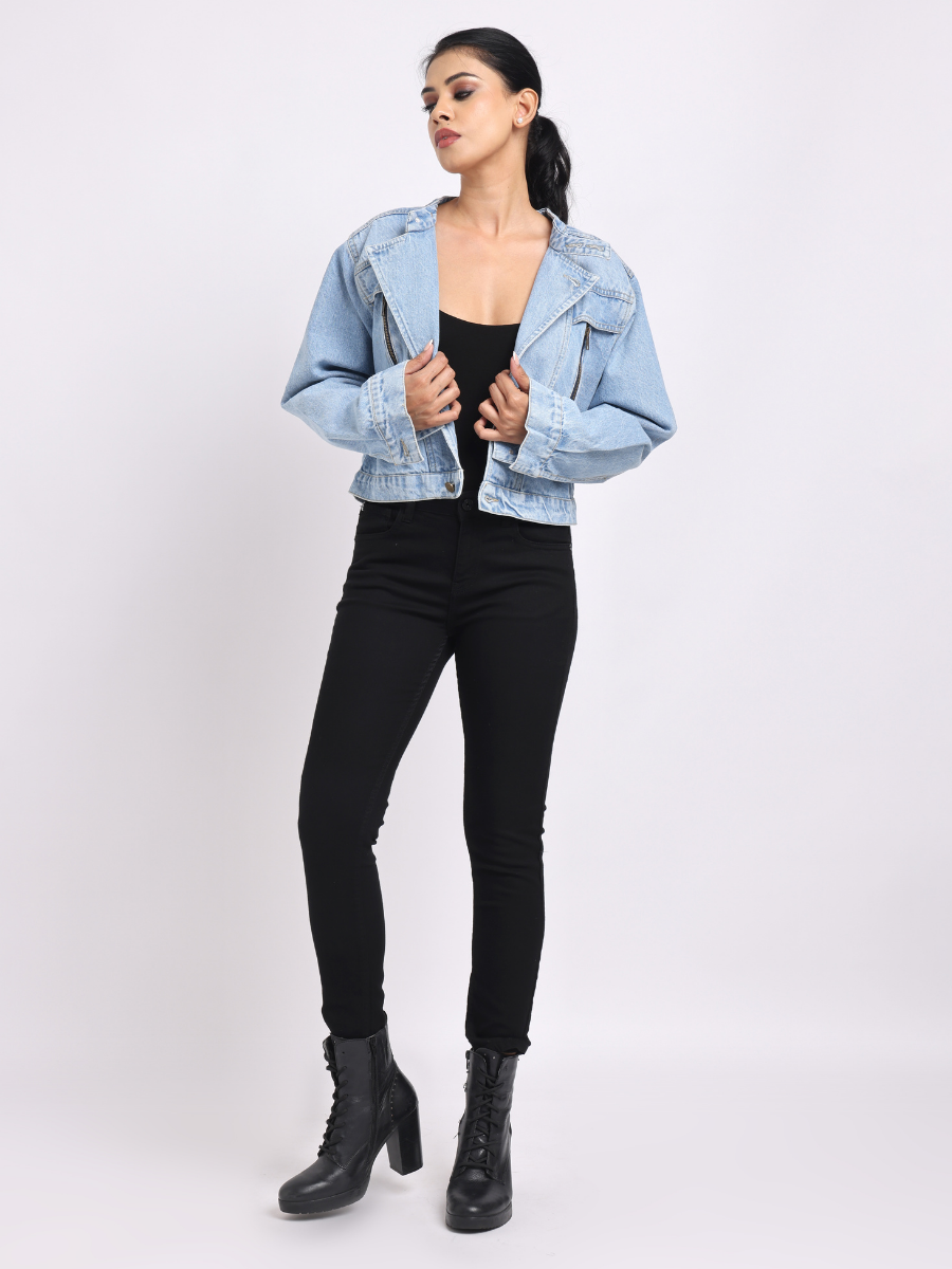 Light Blue Cropped Denim Jacket with Zip Detail