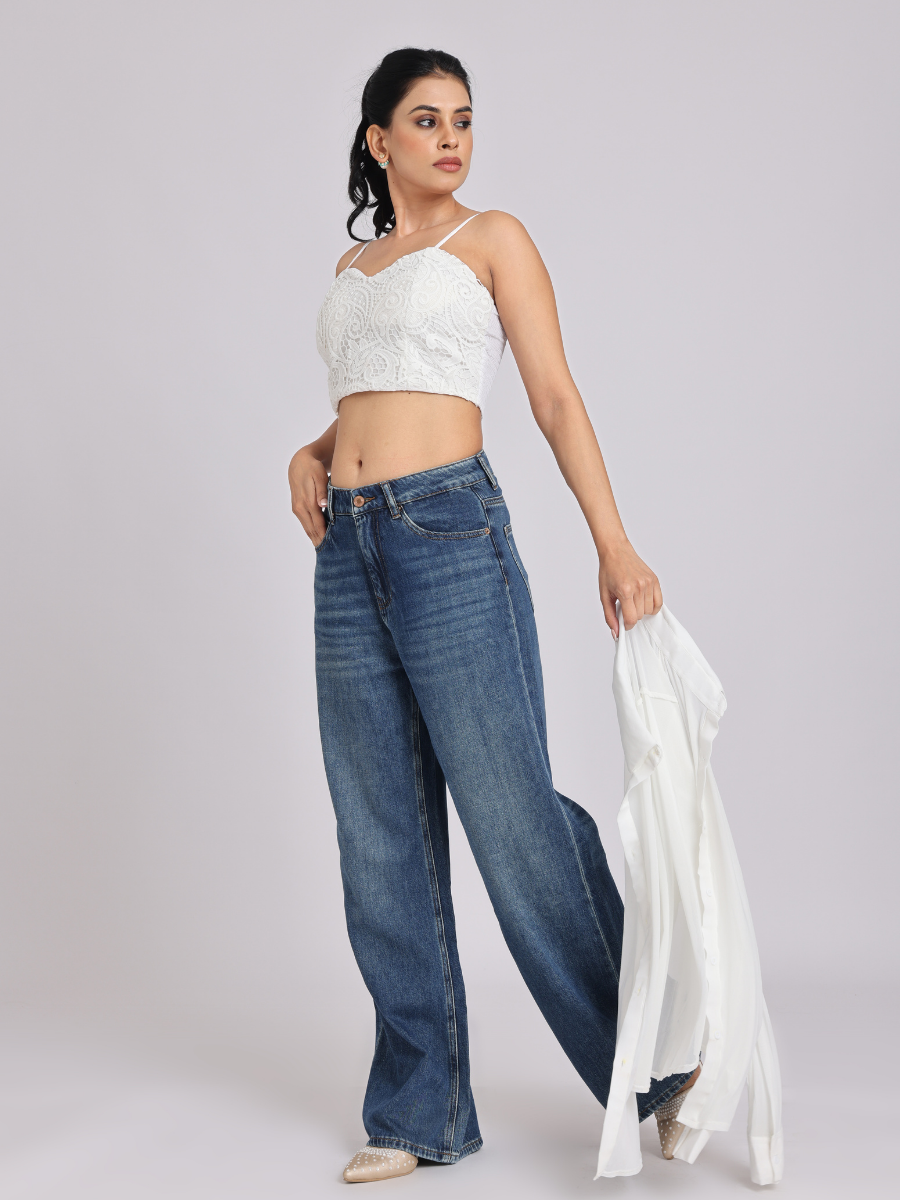 White Lace Crop Top with Sheer Shirt
