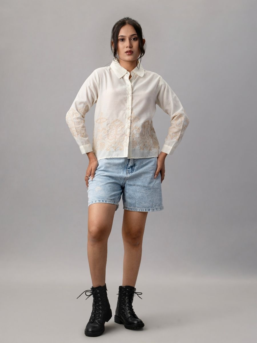 Embroidered Off-White Cotton Shirt