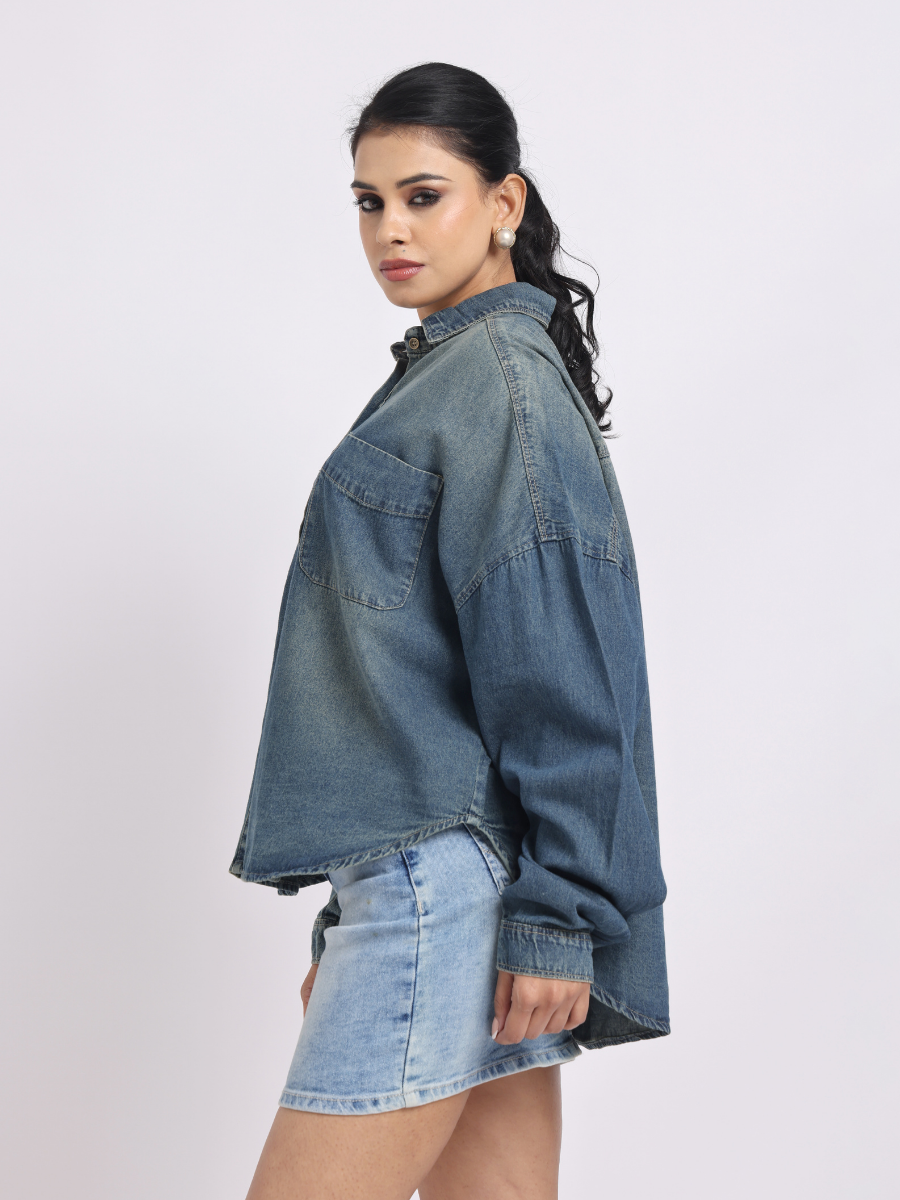 Oversized Mid Blue Denim Shirt with Dropped Shoulder
