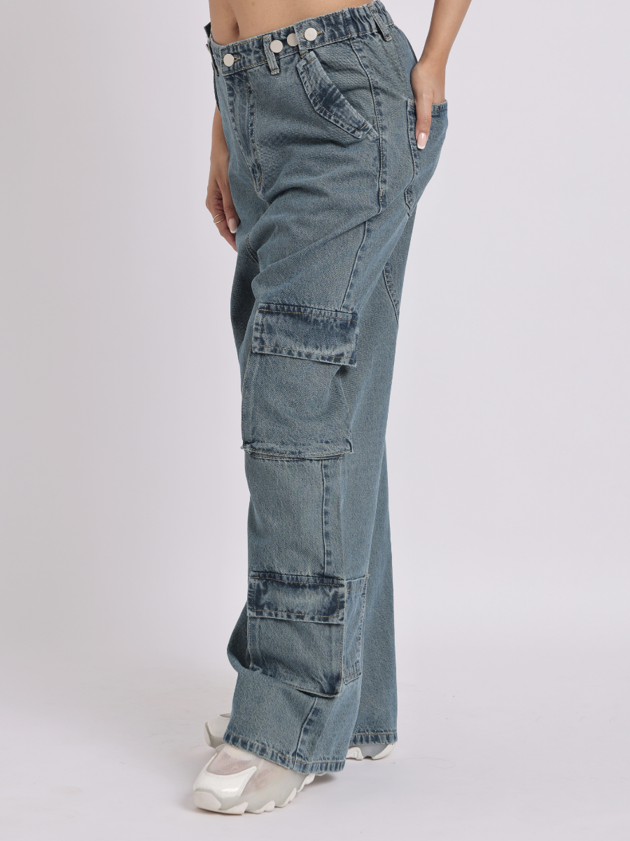 Wide-Leg Cargo Denim Jeans with Adjustable Waist