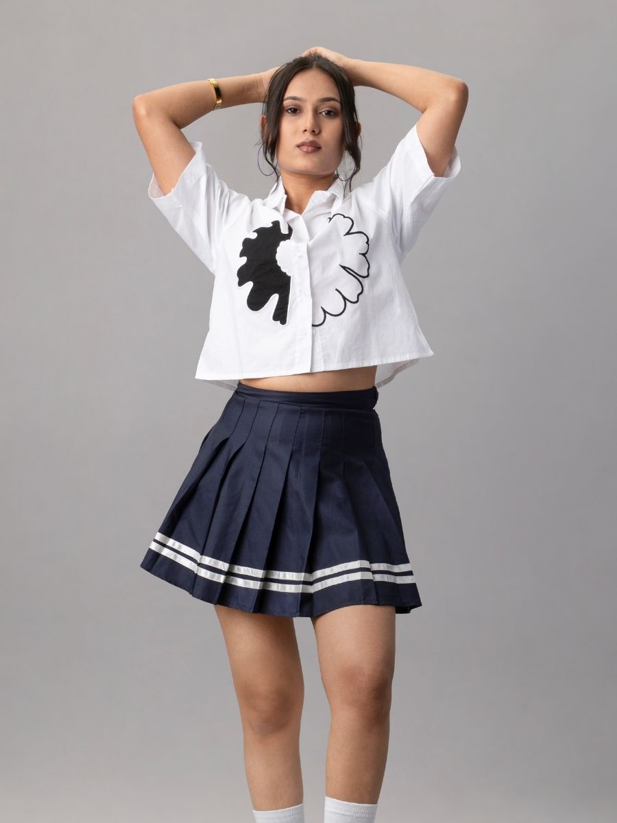 White Cropped Shirt with Black & White Flower Appliqué