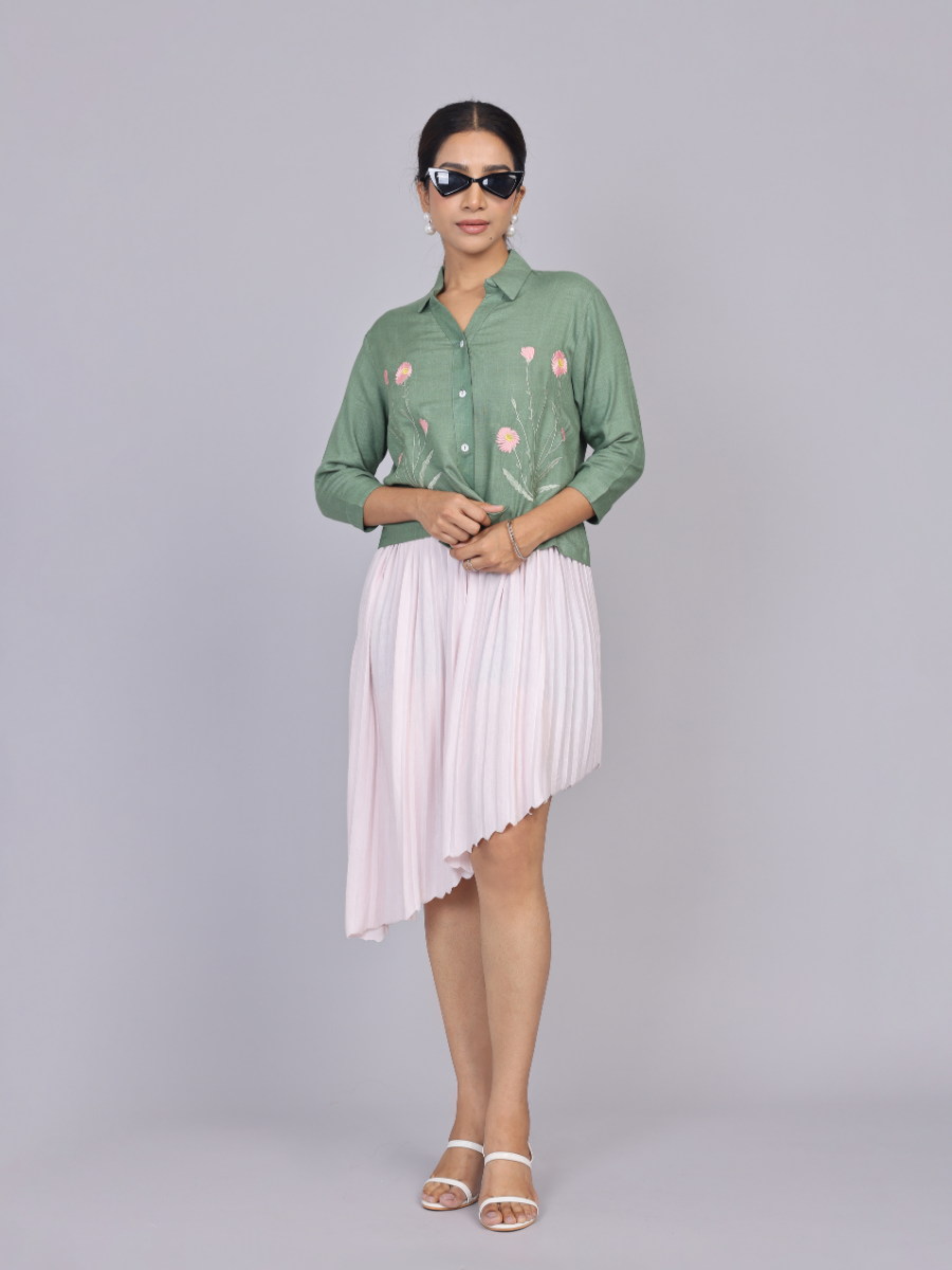 Sage Green Blossom Embroidered Cotton Shirt