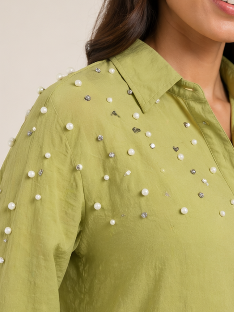 Olive Green Fit Pearl & Diamond-Embellished Shirt