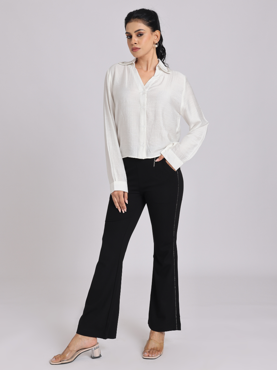 Pearl-Trim Luxe Satin Shirt - White