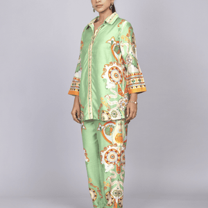 Elegant Green Silk Co-Ord Set with Floral Print