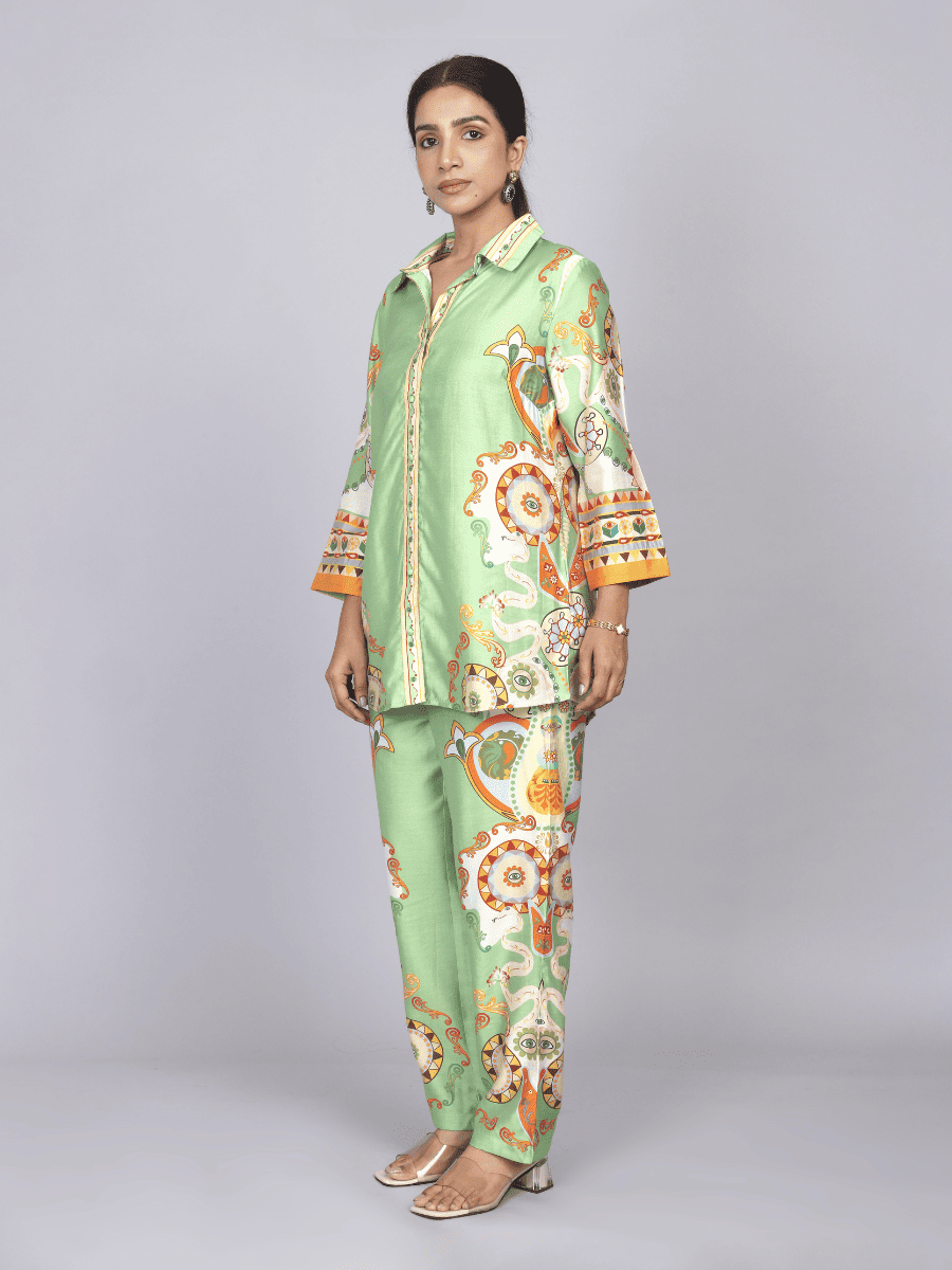 Elegant Green Silk Co-Ord Set with Floral Print