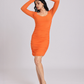 Orange Ruched Mesh-Sleeve Bodycon Mini Dress