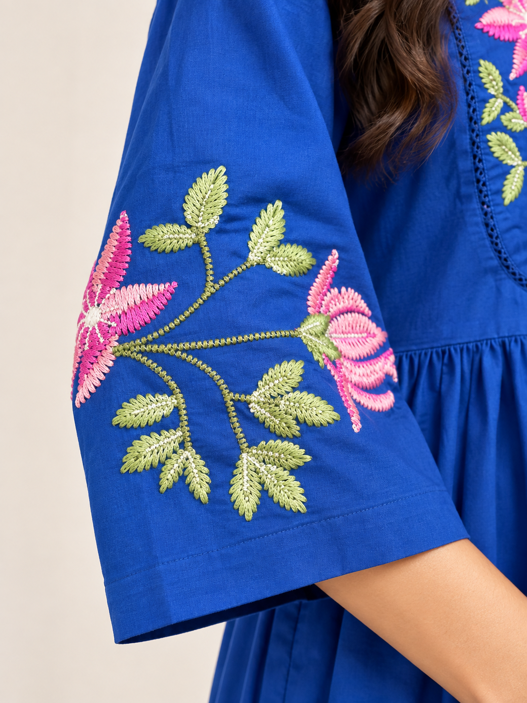 Blue Embroidered Cotton A-Line Midi Dress