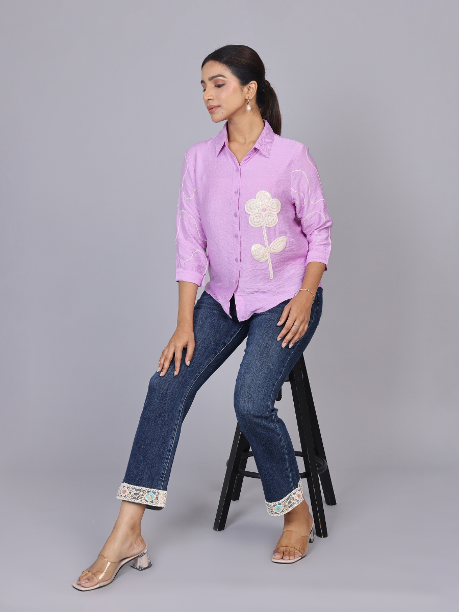 Buy Lilac Blossom Embroidered Shirt for Women Online in India