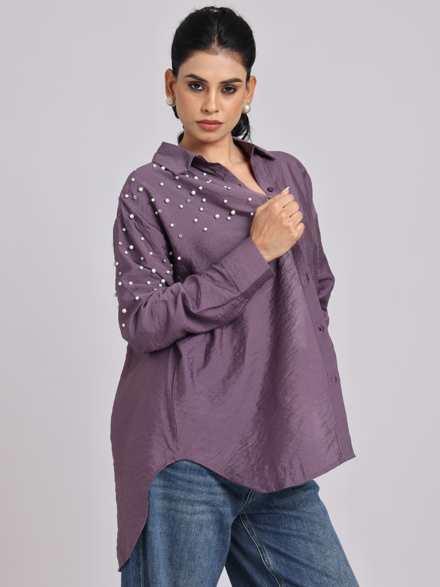 Purple Oversized Pearl & Diamond Embellished Shirt
