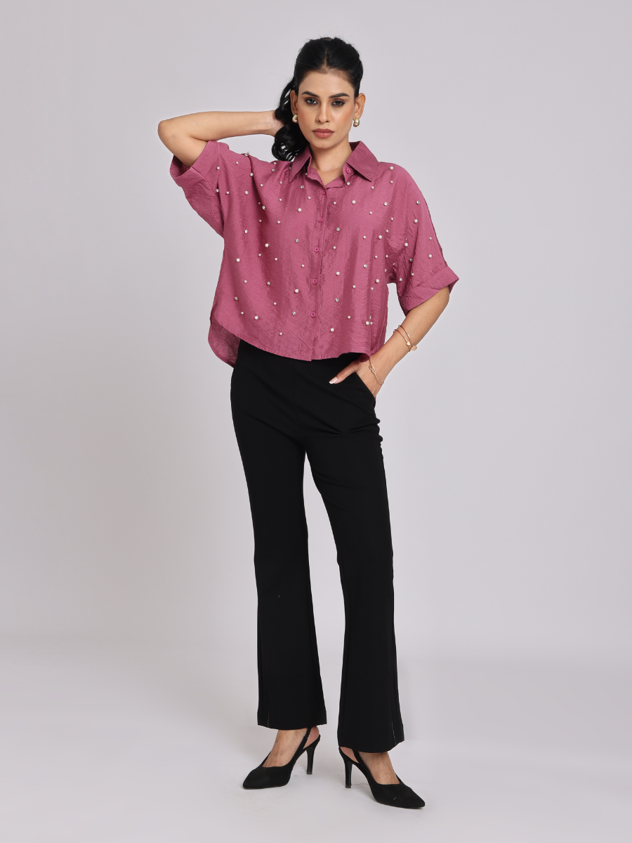 Rosy Pink Pearl-Diamond Oversized Shirt