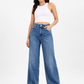Blue Rhinestone Embellished High Waist Wide Leg Jeans