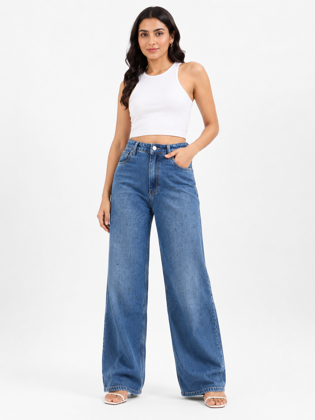 Blue Rhinestone Embellished High Waist Wide Leg Jeans
