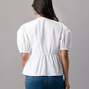 White Puff Sleeve Top with Blue Floral Embroidery