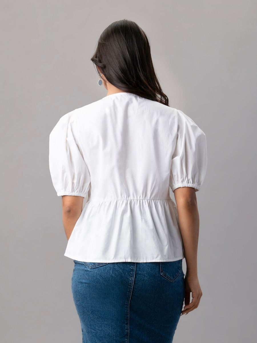 White Puff Sleeve Top with Blue Floral Embroidery