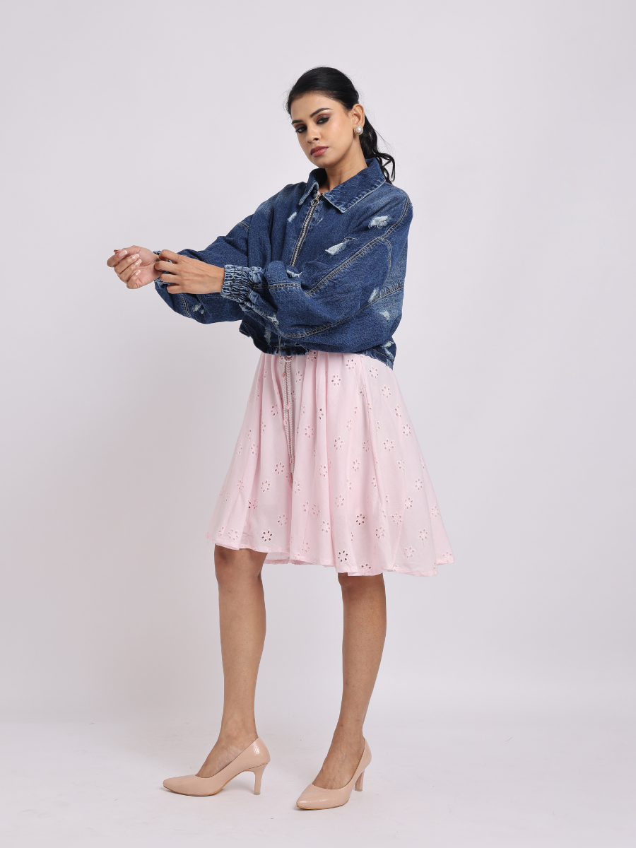 Dark Blue Distressed Denim Jacket with Zip Closure