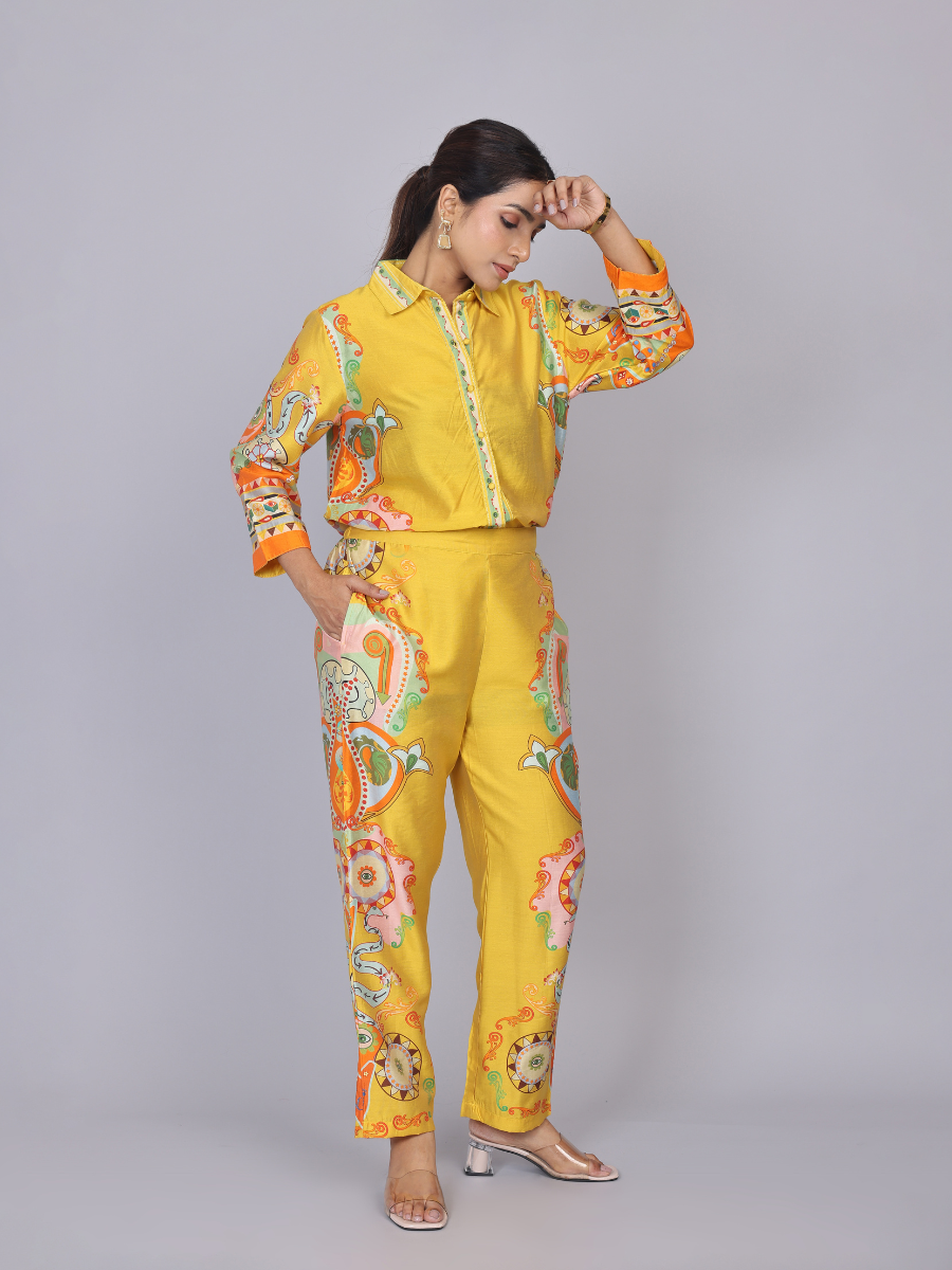 Yellow Silk Co-Ord Set with Floral Print