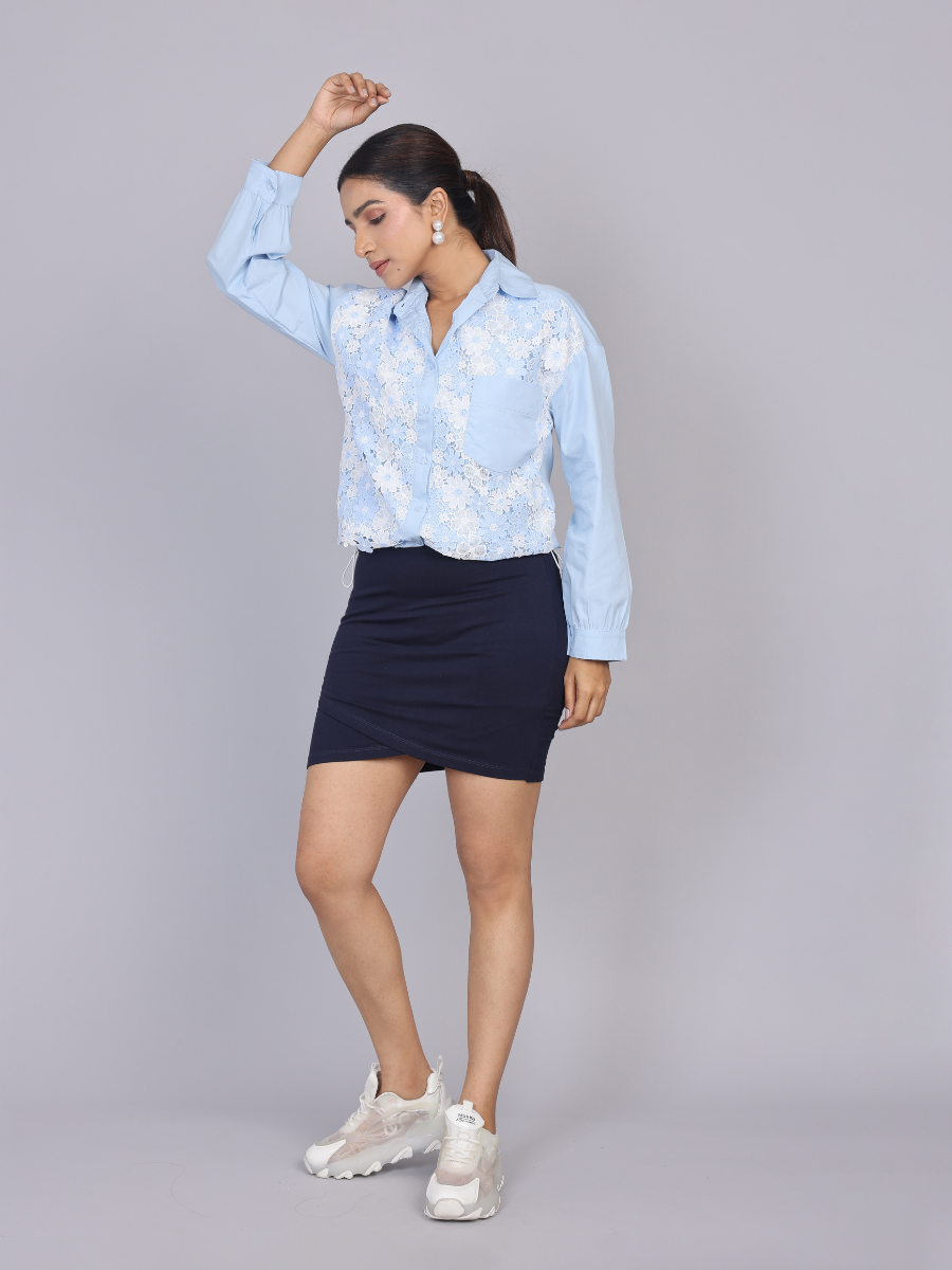 Sky Bloom Lace Cotton Shirt with Adjustable Hem
