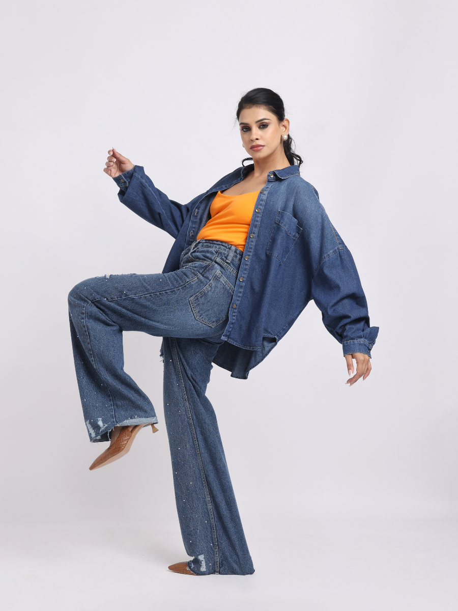 Oversized Dark Blue Denim Shirt with Dropped Shoulder