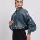 Blue Distressed Denim Jacket with Zip Closure