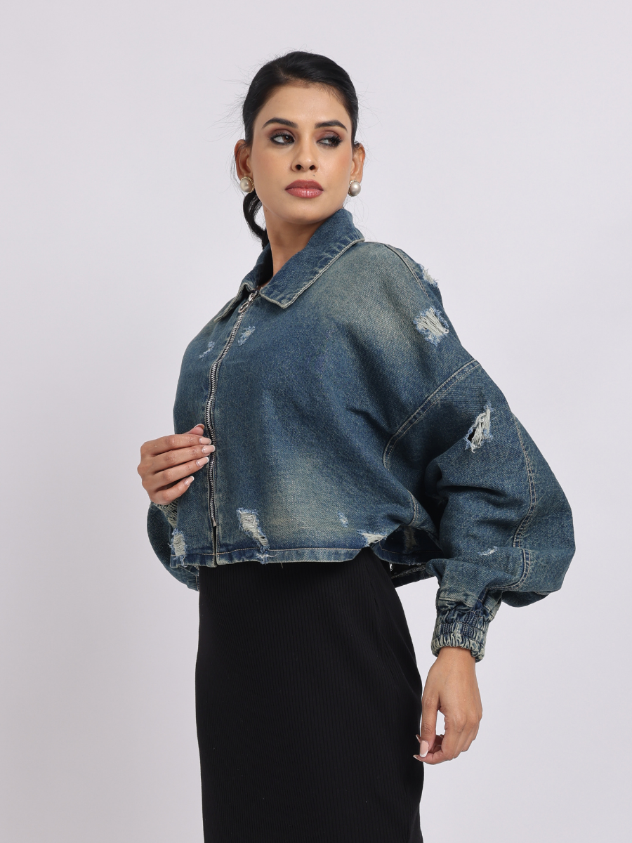 Blue Distressed Denim Jacket with Zip Closure