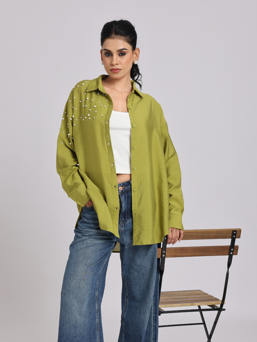 Olive Green Oversized Pearl & Diamond Embellished Shirt