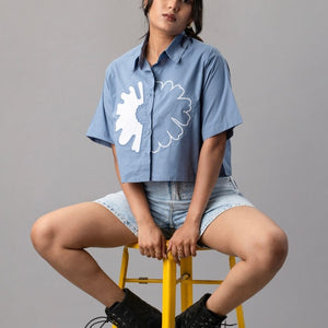 Blue Cropped Shirt with Oversized White Appliqué Flower