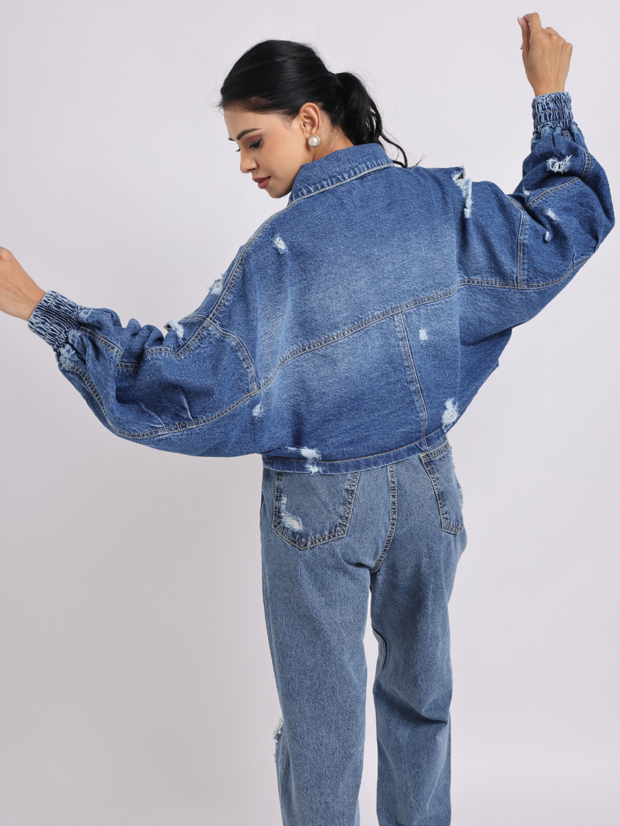 Blue Distressed Denim Jacket with Zip Closure