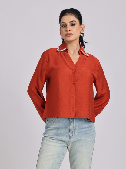Rust Orange Pearl & Diamond Collar Shirt